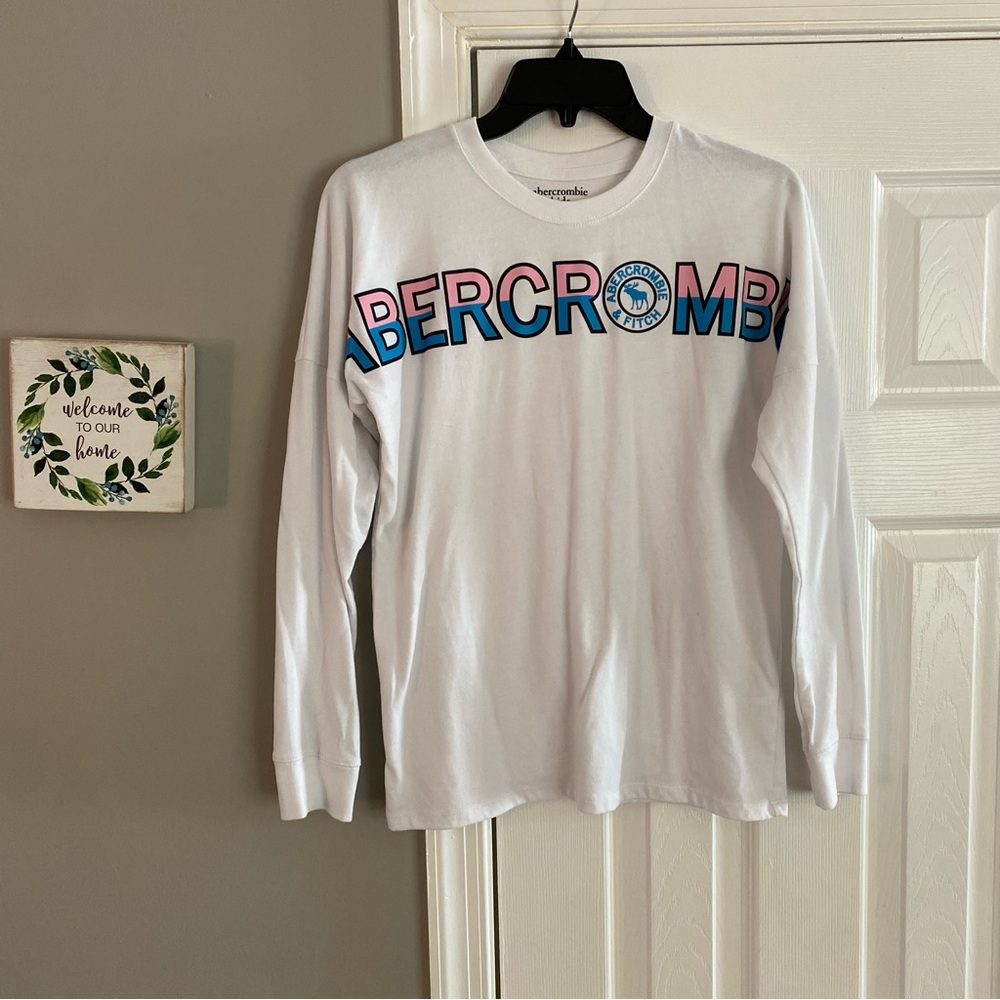 Abercrombie Girls Long Sleeve Drop Shoulder Graphic Tee White Pink Blue Sz 13 14